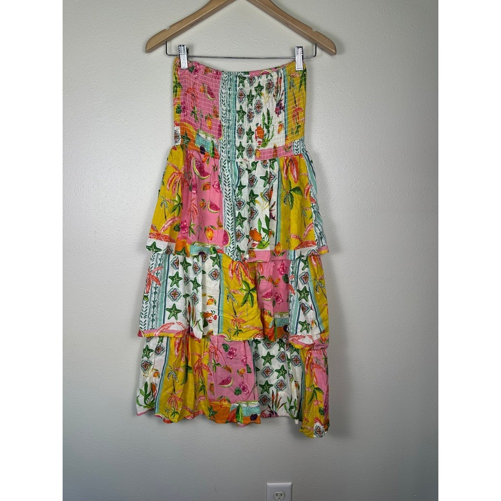 FELICITE XS Strapless Tiered French Pink Patchwork Smocked Tropical Midi Dress